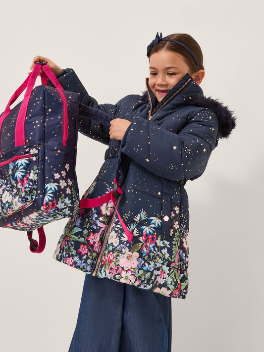 Monsoon Blue Starry Floral Print Hooded Coat