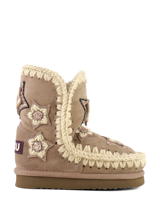 Mou Grey Eskimo Sheepskin Lined Kids Crochet Stars Suede Boots