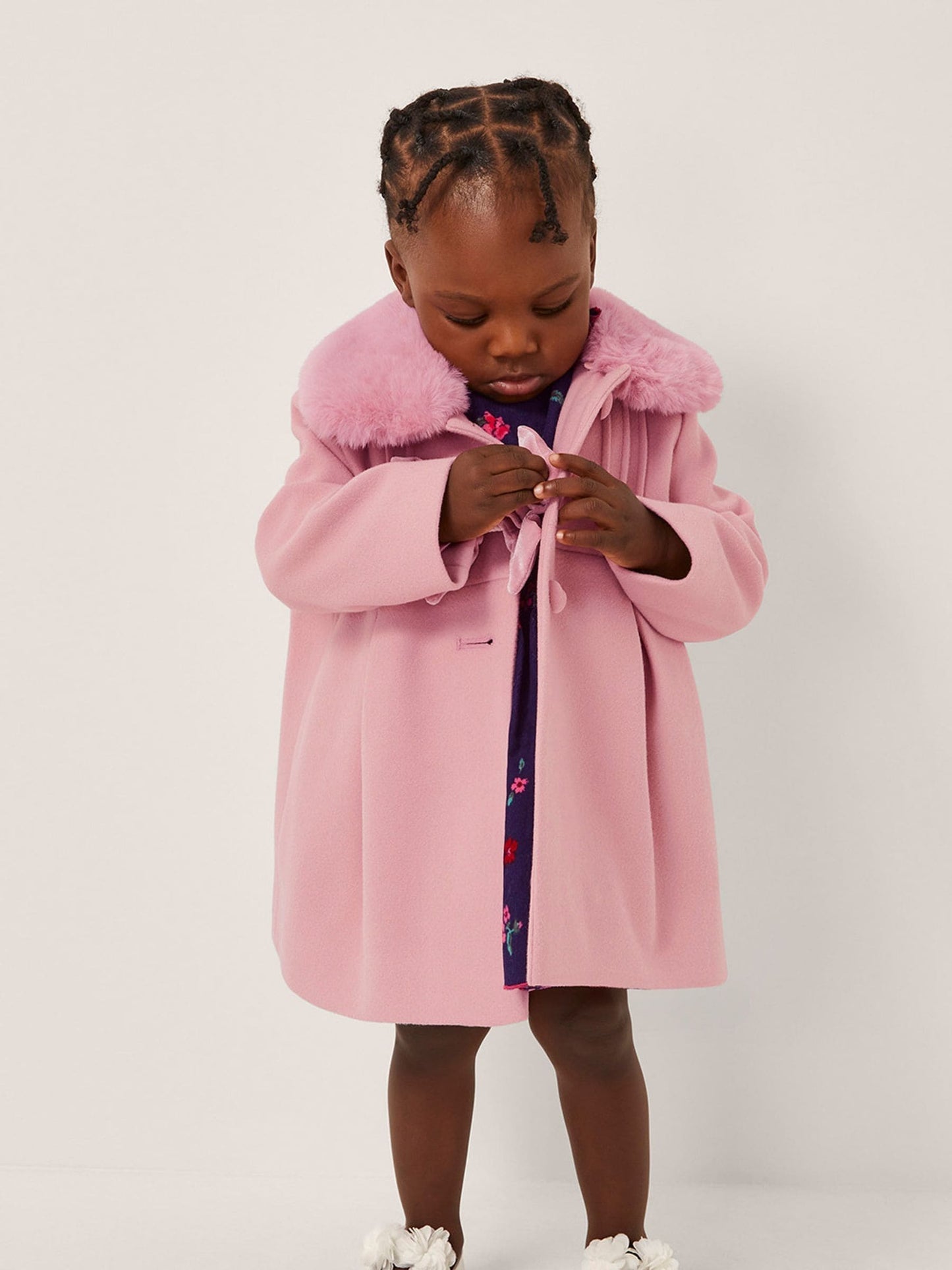 Monsoon Pink Baby Faux Fur Collar Bow Coat