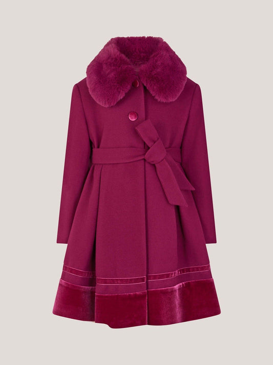 Monsoon Red Velvet Trim Faux Fur Dress Coat