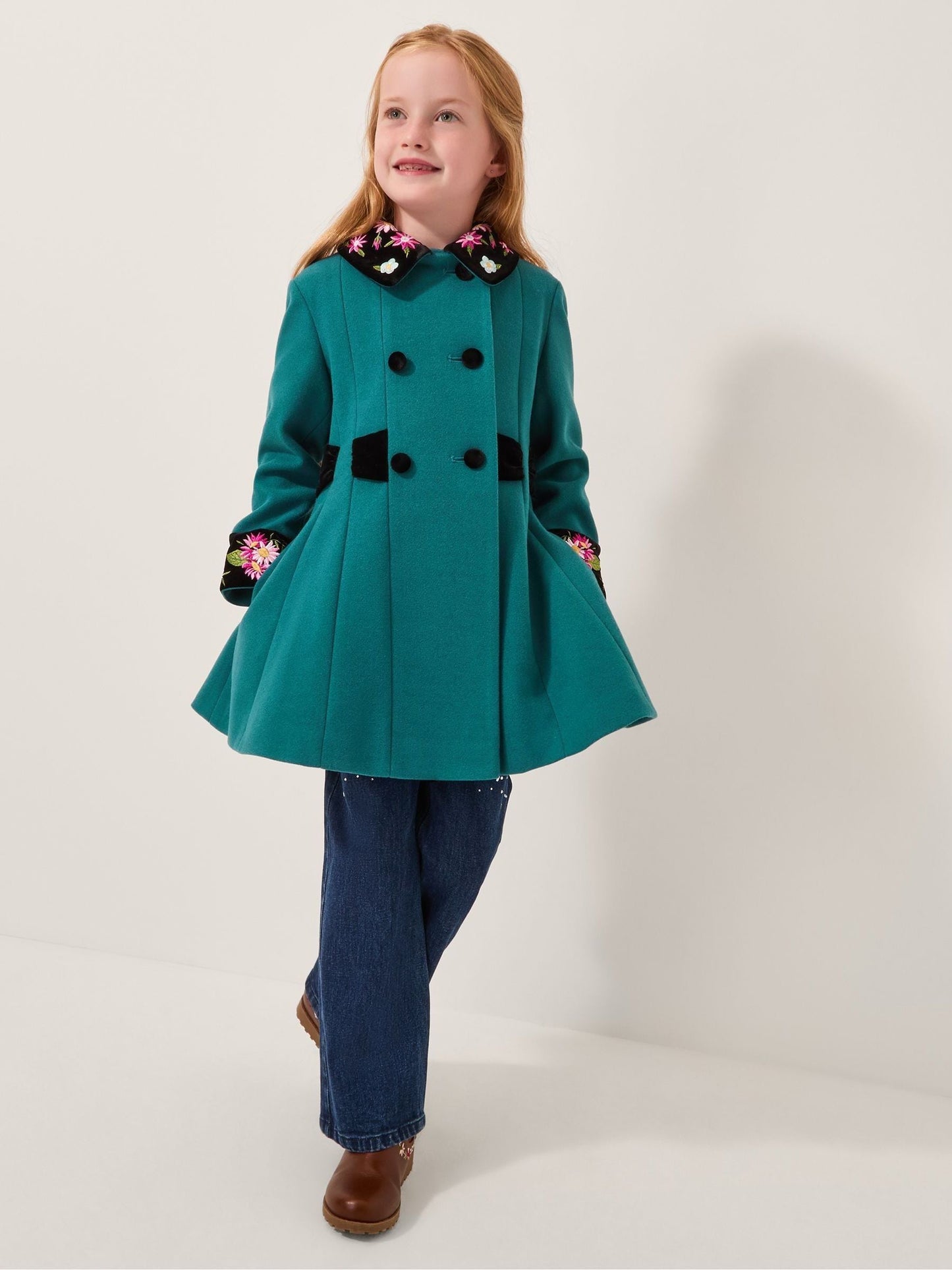 Monsoon Green Contrast Double-Breasted Velvet Coat