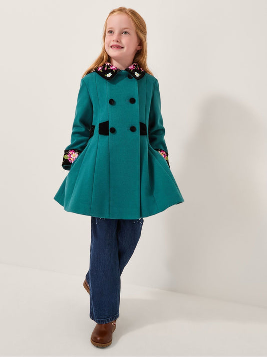 Monsoon Green Contrast Double-Breasted Velvet Coat